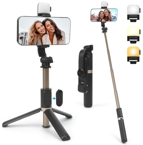 OWill Tripode para Movil con Luz, 75 cm Palo Selfie Tripode para Movil con Control Remoto Bluetooth, Palo Selfie Tripode Movil para iPhone, Samsung, Huawei y Más