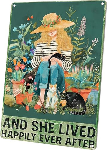 Wallors Regali di giardinaggio cartelli da giardino in metallo per esterni decorazione da giardino – And She Lived Happily Ever After, decorazione artistica da parete vintage per cortile, patio,