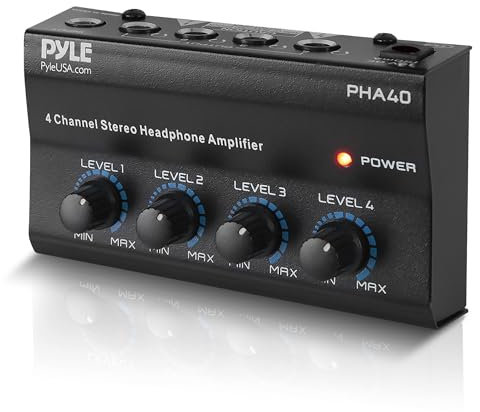 Pyle Mini Amplificador de Auriculares Estereo, Portatil, 4 Canales, Profesional, TRS balanceado de 4 ¼, Entrada de Audio, Mezclador de Sonido