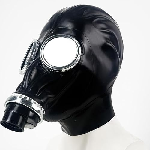 GREEFEI Latex svart gas huva mask unisex, heltäckande gummi gasmasker cosplay kostym halloween maskerad fest ansiktsrekvisita