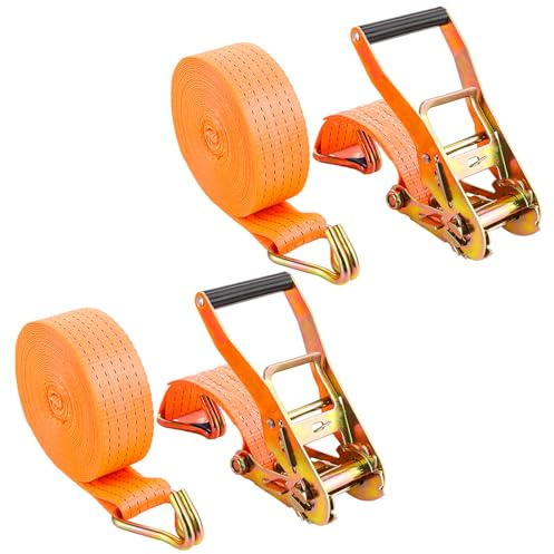 DAJAVE Set di 2 Cinghie a Cricchetto, 10M Cinghia di Ancoraggio con Tenditore a Cricchetto e Ganci, Larghezza 50mm Cinghia Fissaggio a Cricchetto Ratchet, Arancione, Gancio a J, Fino a 4000 kg