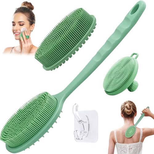 GEENOA Silicone Face & Back Scrubber Set, Manual Face & Body Scrubber Exfoliator with Soft Bristles and Non-Slip Handle, Back Brush Bath Brush with 2 Detachable Brush Heads(3PCS Green Set)
