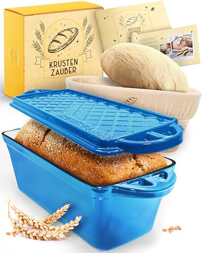 KRUSTENZAUBER Molde de pan esmaltado con tapa, incluye cesta de fermentación, molde robusto de 28 cm de hierro fundido, ideal como molde de caja, pan tostado, molde para pan, molde de pan, olla de