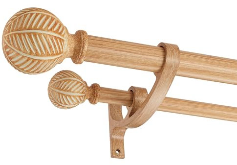 Mayrhyme Wood Double Curtain Rods Set for Windows 36 to 72 Inches (3 to 6 ft), Adjustable Heavy Duty Dual Drapery Rods, 1 Inch Boho Rustic Decorative Design with Imitation Wood Grain Leaf Finials