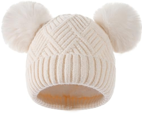 Tavaleu Kids Winter Beanie Hat, Warm Lined Knit Pom-Pom Hats for 8-14 Beige