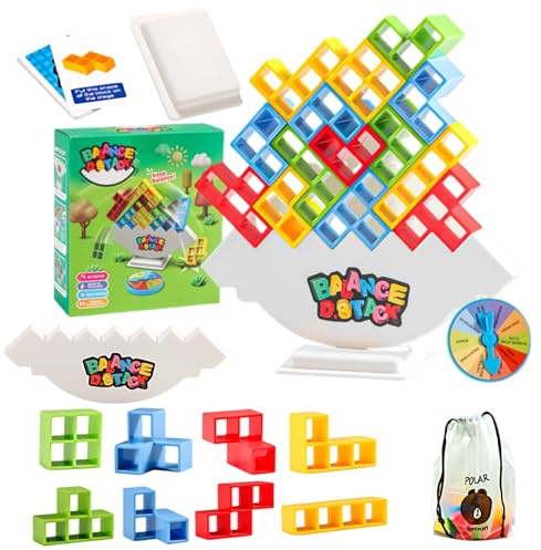 Bodeshis 48PCS Stacking Tower Game Set, Family Board Games for Kids and Adults, Fun Balance Stacking Toy for Family Travel Party, Team Building Block Game with Turntable and Cards
