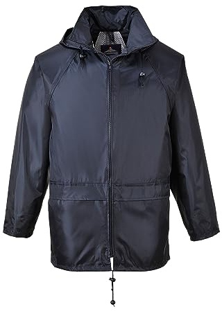 Portwest S440 Klassisk Regnjacka Med Huva Tejpade Sömmar Vattentät Lättvikt | Marinblå, M, EN 343 Klass 3:1, UPF 40+, Normal Passform, Lång Ärm, Unisex, 2 Fickor, 2 Midjefickor, Enkelt Väv, Elastisk Mudd