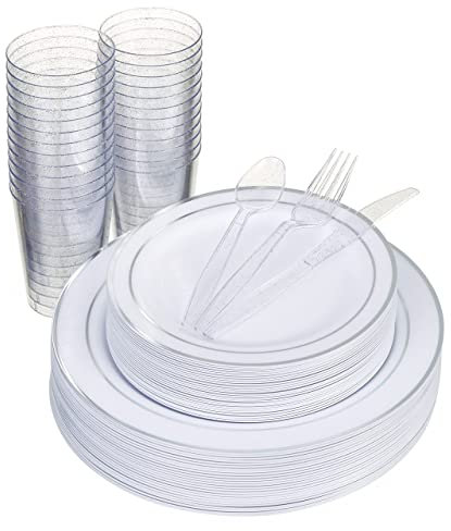 MATANA 150 Piezas Vajilla Reutilizable de Plástico Blanco y Plateado para 25 Personas - Platos Grandes, Platos de Postre, Vasos y Cubiertos Reutilizables - Bodas, Cumpleaños, Navidad y Fiestas