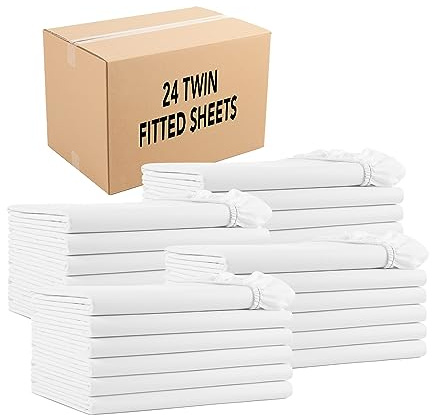 Arkwright Bulk Twin Fitted Bed Sheets - Case of 24 - Soft Cotton Blend Bottom Sheet Only with Deep Pocket, Hotel Collection Bedding for Hosts, Resorts, and Vacation Rentals, White
