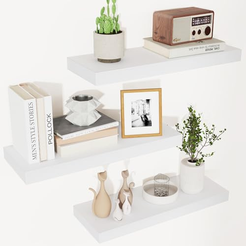 Modern Floating Shelves Set of 3 - White Wooden Shelves for Bedroom, Living Room, Bathroom, Kitchen - Wall Decor Storage