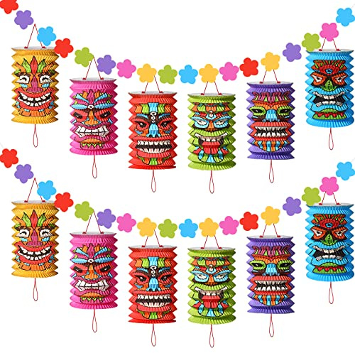 2 Pcs Hawaiian Luau Party Decorations 10 ft Tiki and Flowers Lanterns Banners Tiki Tropical Party Decorations Luau Tropical Decor Aloha Hawaii Paper Lanterns for Summer Birthday Holiday Parties