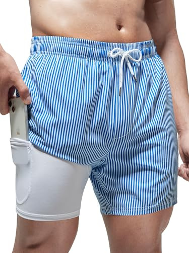 Arcweg Short de Bain pour Homme 2 en 1 avec Boxer doublé pour Homme avec Doublure de Compression Short de Plage à séchage Rapide Rayures Bleues L(EU)