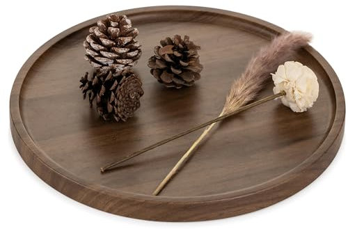 Hanobe Deko Tablett Serviertablett Rund: Rustikal Walnuss Holztablett Nussbaumholz Holz Klein Tabletts für Kaffee Küche Ottoman, 30 cm