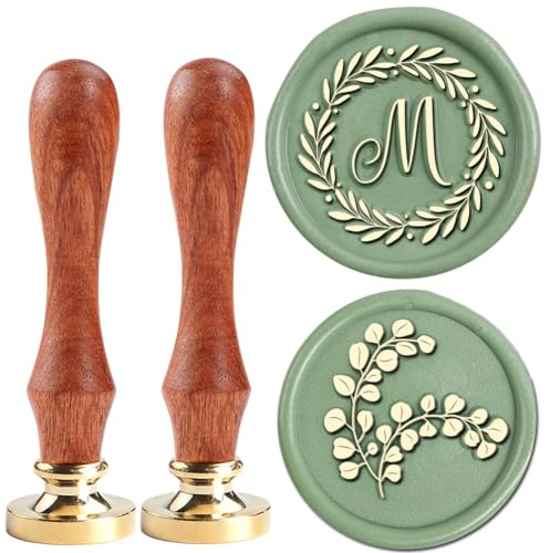 YOLAKIS Initial M Wax Seal Stamp Olive Alphabet M Sealing Stamp and Eucalyptus Wax Stamp Brass Head Decorate Christmas Cards Envelope Gift Wrap Wedding Theme Party Invitation (M)