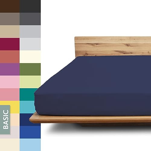 JONA SLEEP® Basic Spannbettlaken 180-200 x 200-220 cm - 190 g/m² faltenfreies Baumwoll-Jersey Leintuch - Made in Austria - Öko-Tex 100 Standard (dunkelblau)