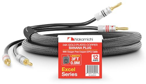 Nakamichi 24K vergoldeter Bananenstecker mit (3 Fuß) Lautsprecherkabel, 99,9% sauerstofffreies Kupfer (OFC), robustes geflochtenes Kabel, Heimkino-Verstärker - Schwarz (12AWG / 3 Fuß / 0,9 Meter)