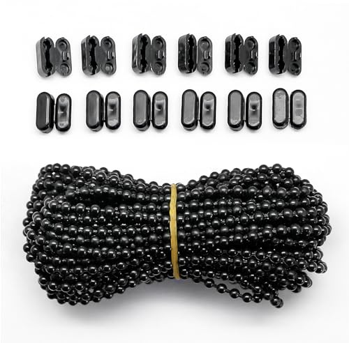 FQTANJU 10 Yards Black Plastic Roller Blind Bead Chain Cord with 12 PCS Connector Clips Replacement Repair Fittings Parts for Vertical Shades Roman Shades Roller Shade Blind