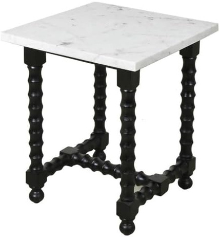 Pemberly Row Marble End Table, 24 H x 20 W x 20 D, Genuine White Marble Top, Black Solid Mango Wood Spindle Base, Hand-Carved Legs, Modern Design for Living Room or Home Decor
