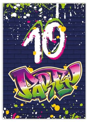 12 Einladungskarten zum 10. Kindergeburtstag Motto Feier Fest Einladung Set Geburtstag Mädchen Kinder Jungs Jungen Boys Teenies Unisex Graffiti Jugendstill modern bunt grün lila neon