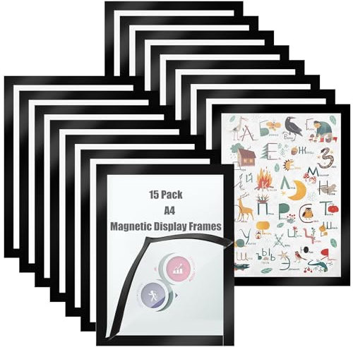 DAJAVE 15 Pcs A4 Magnetic Photo Frames, Magnetic Picture Frame A4 Peel and Stick Picture Frames Self Adhesive Magnetics Poster Frame Magnetics Display for License, Photos, Documents, Notices