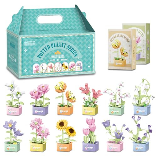 GTJEOI Mini Blumen Sukkulenten Bausteine Set, 12 Sukkulenten Blumenbonsai Bauspielzeugset, Pflanzen Klemmbausteine Blumen mit Verpackungsboxen für Home Deko, Kreatives Bauprojekt für Erwachsene
