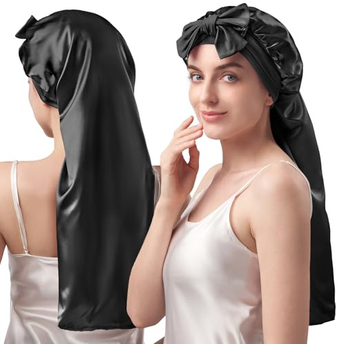 Umisleep Bonnet de Nuit 22 Momme 100% Soie mûrier, pour Cheveux Longs, Noir