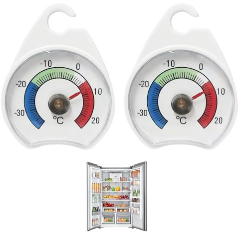 2 Pcs Fridge Freezer Thermometer, 52mm Dial Refrigerator Temperature Thermometer Analogue with Hanging Hook, Colour Coded Zones, Ranging -30°C-20°C, Fridges Thermostat for Home Restaurant Bar Cafe