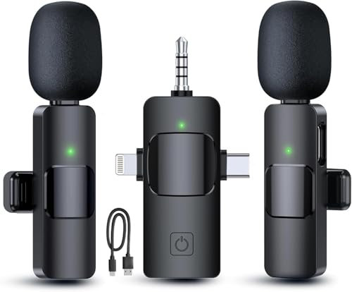 Wireless Lavalier Microphones for iPhone, iPad, Android, Camera, 3 in 1 USB-C Microphone, Mic 7-Hour Battery, Mini Microphone with Noise Reduction for Video Recording, Vlog, YouTube, TikTok