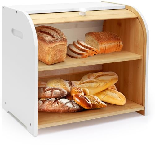 Thalomely Bread Box for Kitchen Countertop, Double Layer Bamboo Bread Storage Container for Homemade Bread, Roll Top Bread Box with 3 Adjustable Height for Kitchen Counter, White Breadbox Organizer