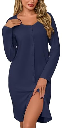 Litherday Camicia da Notte Donna Manica Lunga Cotone con Bottoni Scollo Rotondo Vestaglia da Notte Pigiama Invernale Abito da Notte Allattamento Morbido e Confortevole