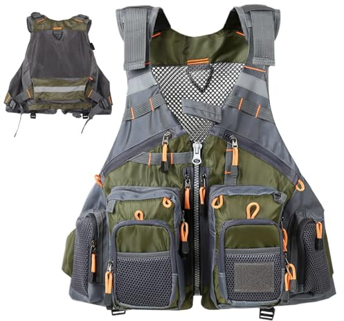 Chalecos pesca para hombres con 13 bolsillos Chaleco pesca malla transpirable verde oliva con rayas reflectantes y correas ajustables Chaleco contra moscas para lubinas y actividades al aire.