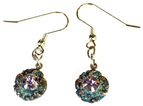 Verdigris Patina Art Nouveau Delicate Floral Earrings - Tanzanite European Crystals