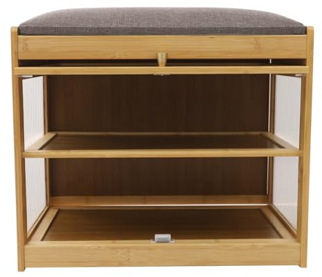 Banc à chaussures avec coussin d'assise et espace de rangement, 2 niveaux, en bambou, avec porte en verre acrylique, moderne et robuste, pour couloir, salon, montage facile, facile d'entretien