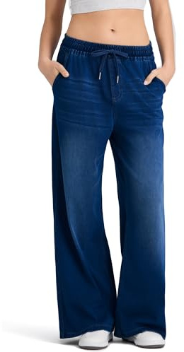LaiEr Jean Femme Grande extensibilité à Jambe Large, Taille à Cordon Ajustable. Pantalon Droit en Jean Doux et Confortable, idéal pour Le Style Quotidien, Sport, Salle de Sport et Yoga.