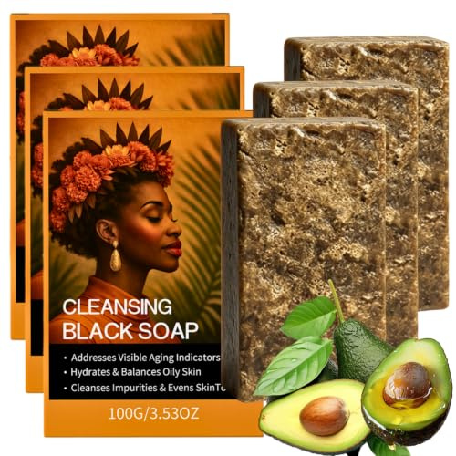 2PCS African Black Soap, Organic Raw African Black Soap Bar for Face & Body, Natural Exfoliating Face Wash for Dark Spots, Blemish, Hydrates & Balance Oily Skin, Clear Impurities, Natural, Vegan