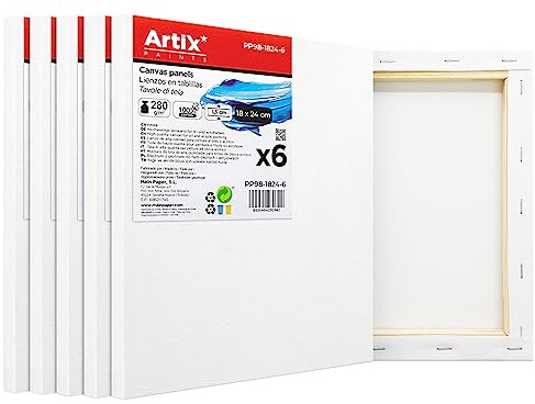 ARTIX - Set de 6 Lienzos para Pintar 18x24x1.5 cm, Paneles Imprimados, 100% Algodón, Lienzos Preestirados para Pintura Acrílica, Con Bastidor de madera, para Artistas Profesionales o Principiantes