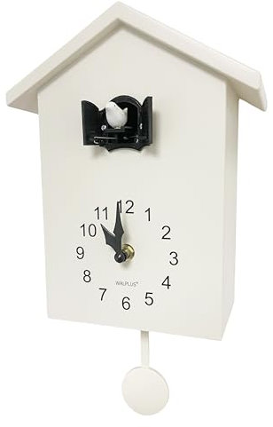 WALPLUS Minimalist Cuckoo Clock with Removable Pendulum – Modern Birdhouse Design with Soft Chimer Cuckoo Sound, Battery Operated Wall Clock for Home Décor - [White Cuckoo Clock White Window]