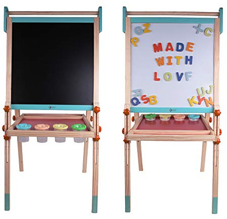Classic World Wooden Double-Sided Multi-Functional Art Easel, Adjustable Height with Side Scale, Includes Magnetic Whiteboard, Chalkboard, 6 Paint Cups, 26 Alphabet Letters, 54 x 45 x 113 cm, 3 Years+