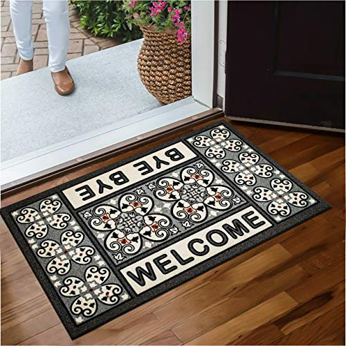 Outdoor Mats for Front Door Heavy Duty Doormats inside Dirt Trapper Absorbent Non Slip Rubber Back (Welcome Bye Bye, 40 x 70 cm)