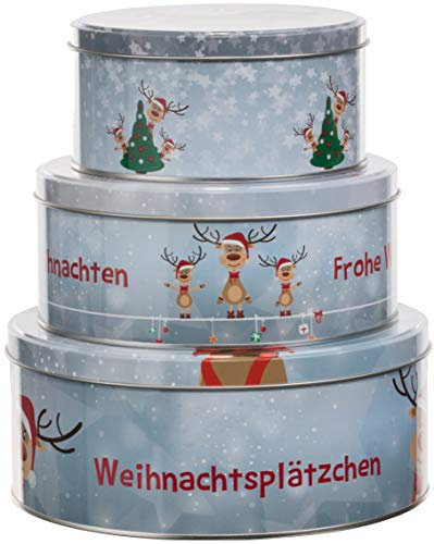 Brandsseller 3er Set Plätzchendosen aus Metall – stapelbare, runde Keksdosen mit Deckel - lebensmittelechte Aufbewahrungsdosen für Gebäck, Kekse & Weihnachtsplätzchen – Rentier