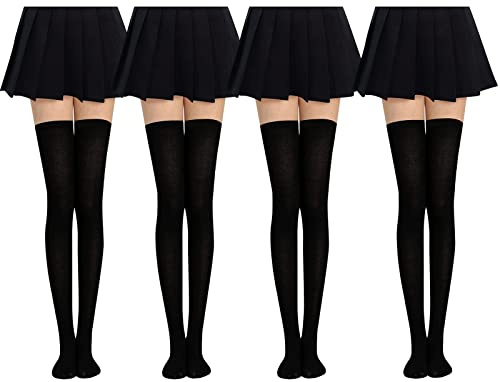 Defrsk 4 Pairs Knee High Socks for Women Long Socks Women Over Knee High Socks Thick Cotton Socks Cosplay Black Stockings Thigh High Socks