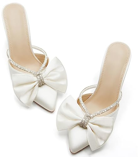 Coutgo Womens Bow Heels Mules Pointed Closed Toe Sandals Rhinestone Satin Backless Wedding Shoes, Beige, Size 9