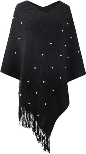 Rayson Poncho Femme Tricot avec Franges à Pompons Elégant Cape à col en V Léger Poncho en Maille avec Un Motif tressé Ponchos et Capes d'automne/Hiver,Noir
