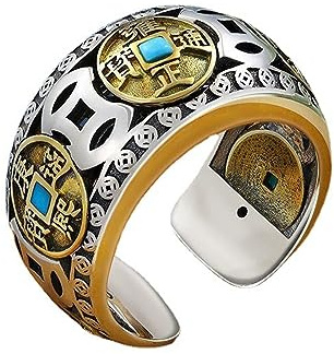 AMQUSUPO Feng Shui Coins Rings Mantra Turquoise Rings 925 Sterling Silver Amulet Anillo Feng Shui De La Buena Suerte Lucky Wealth Money Health Band Adjustable Ring for Men