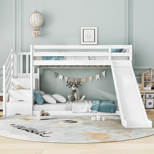 Gelukueub Bunk Bed with Stairs and Slide, Bunk Bed for Kids Boys Girls, Solid Pine Wood Frame, Children Bed with 2 Drawers in the Steps, 90x190cm, White