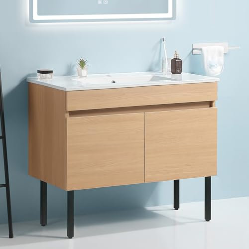 Lavabo, tocador de baño Moderno de 24 Pulgadas montado en la Pared y combinación de Lavabo, Juego de tocador de baño Independiente con Puertas Dobles, Mueble de baño de Madera Maciza con enc