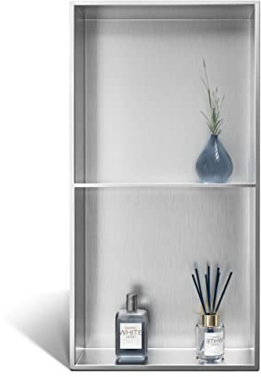 Bernkot Shower Niche Stainless Steel, 30×60 cm No Tile Needed Wall Niche Double Shelves,Recessed Shower Shelf for Bathroom Storage, Brushed