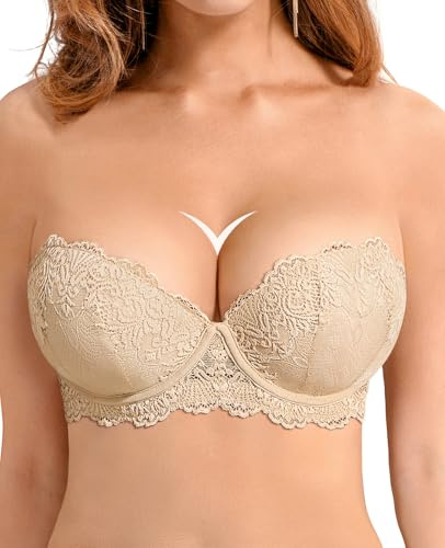 Lingesxy Strapless Push Up Bras for Women with Clear Straps Lace Padded Balconette Multiway Add 2 Cups Bra Underwire, Beige, 32A