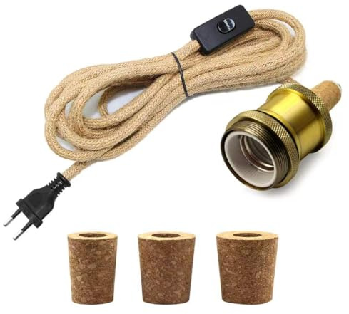 Adaptateur Bouteille pour Douille de Lampe, 240CM Corde de Chanvre Câble, Douille E27, Support Ampoule Bouteille, 3 Bouchons Souples, Kit Lampe Bouteille pour Différent Bouteille, Bronze Couleur