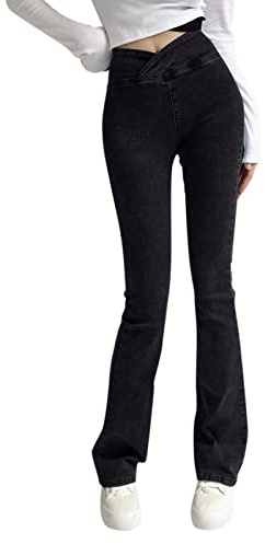 Jean Évasé Taille Haute en Stretch pour Femme, Jeans Femme Taille Élastique Extensible Coupe Bootcut Slim Rétro Jambe Large Flared Pants avec Poches Legging Extensible et Robuste pour Yoga, Fitness